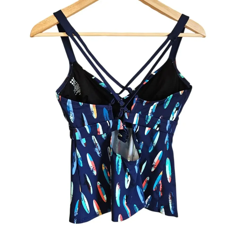 Title Nine Metis 34D Navy Blue Surfboard Print Underwire Tankini Swim Top